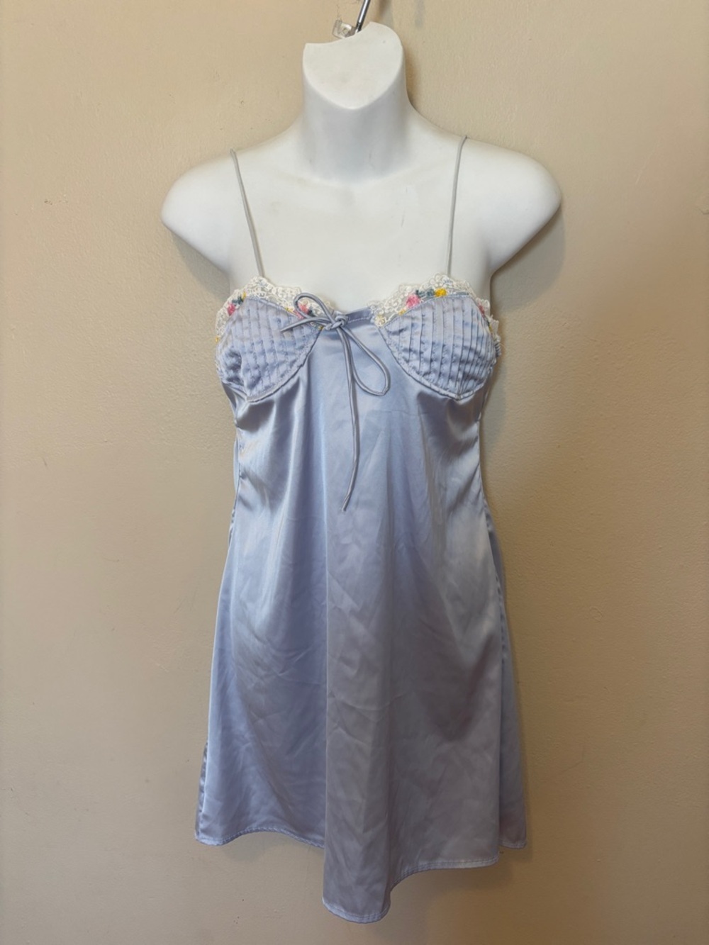 Light Blue Satin Lace-Trim Chemise with Floral Embroidery
